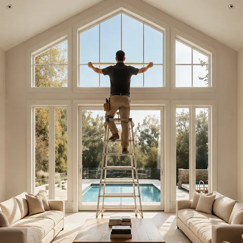 A man stands on a tall ladder in a bright modern living room with large high-angle windows, holding a tape measure across the upper window pane. A pool is visible outside, with two cream-colored sofas in the room.