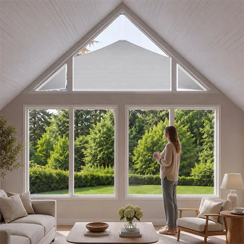 A woman stands by a large white-framed window in a bright attic-style living room, looking outdoors at green trees and grass. The room has white walls, a sloped ceiling, a sofa, a chair, and a coffee table.
