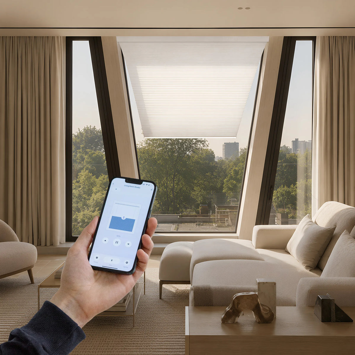  Motorized Isosceles Trapezoid Cellular Shades can be controled via phone app.
