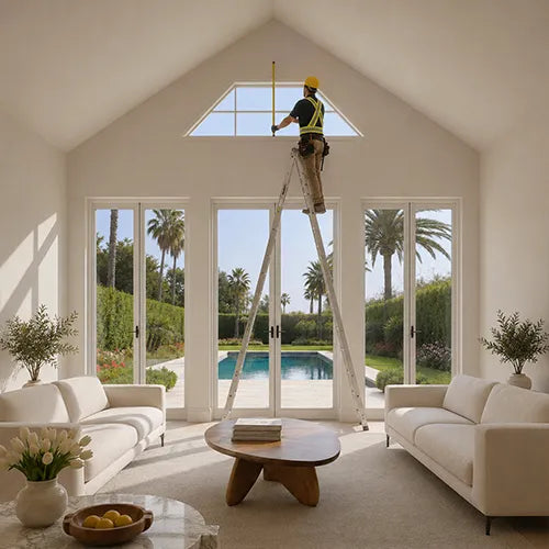 A man in a yellow safety vest and hard hat stands on a tall extension ladder in a bright, modern living room with white sofas and large windows overlooking a swimming pool and palm trees.