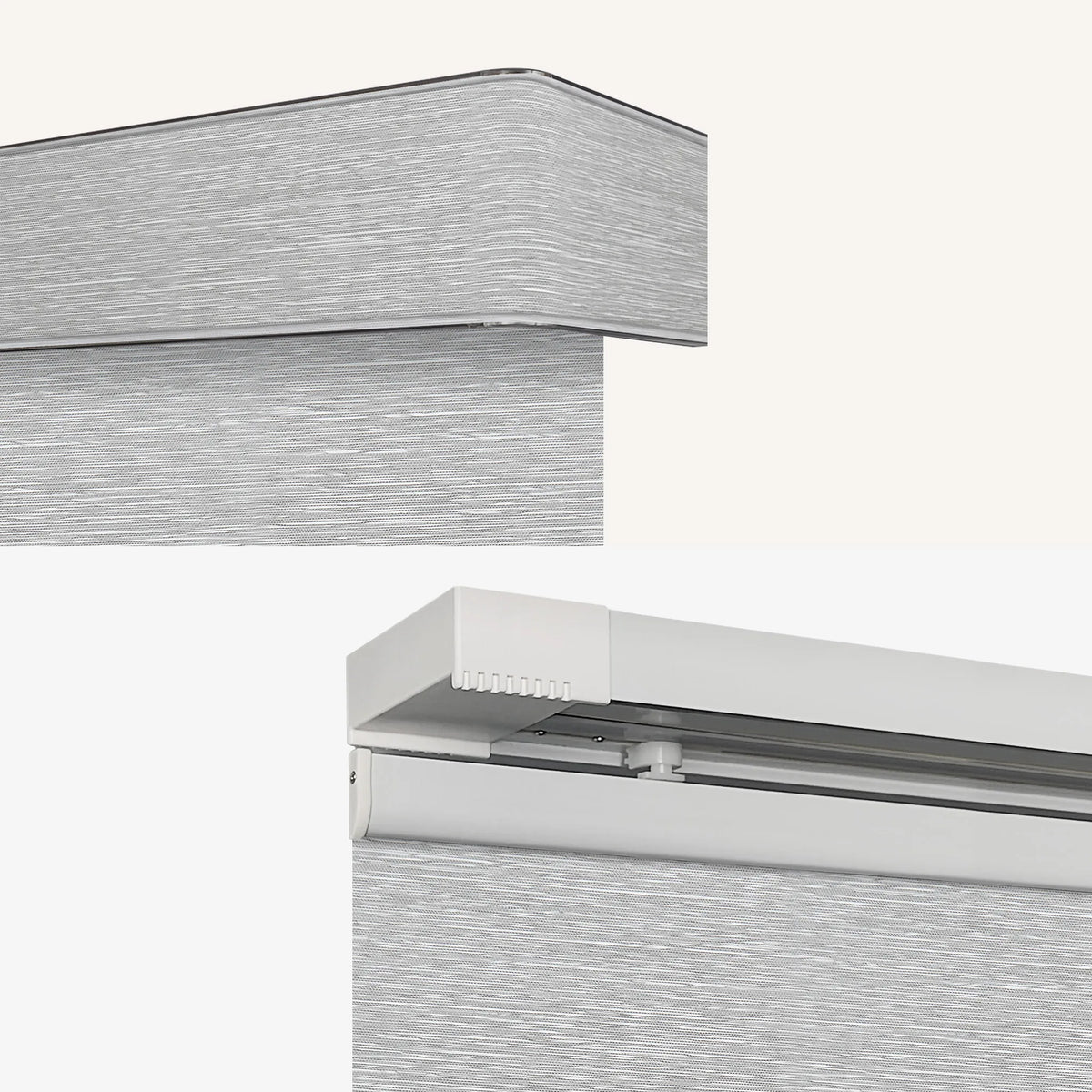 Close-up product details of a  Motorized Light Filtering Panel Track Blinds showing the textured gray fabric panel, top rail, and white mounting hardware against a light neutral background.