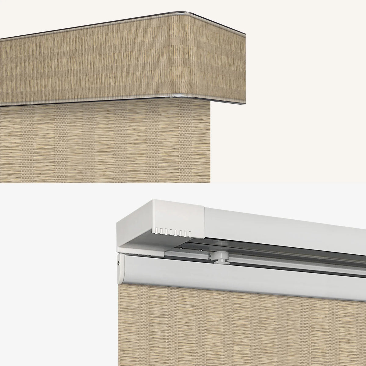 Close-up product views of a beige Motorized Light Filtering Panel Track Blinds with a white top frame, shown partially extended against a plain light background.
