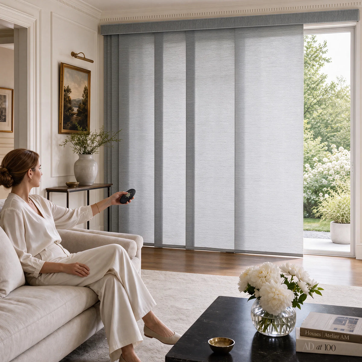 A woman in a living room sits on a light sofa and uses a remote to control light gray Motorized Light Filtering Panel Track Blinds covering a large window. The room has white walls, framed art, a side table with a vase, and a coffee table with flowers.