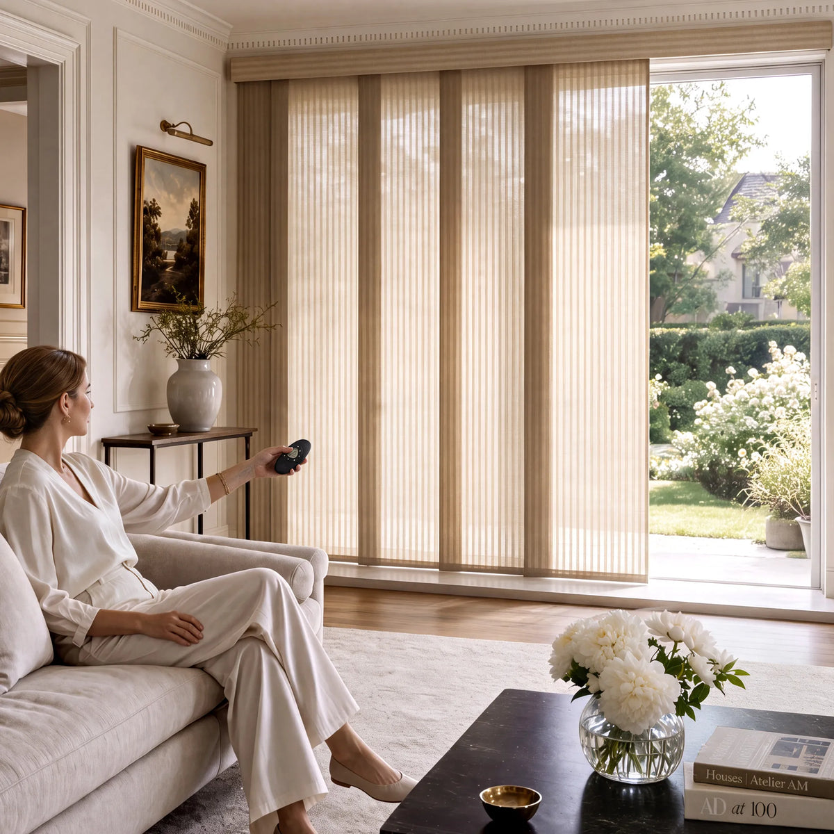 A woman sits on a light beige sofa in a bright living room, holding a remote control in front of tall beige Motorized Light Filtering Panel Track Blinds that cover a large sliding glass door leading to a garden patio.