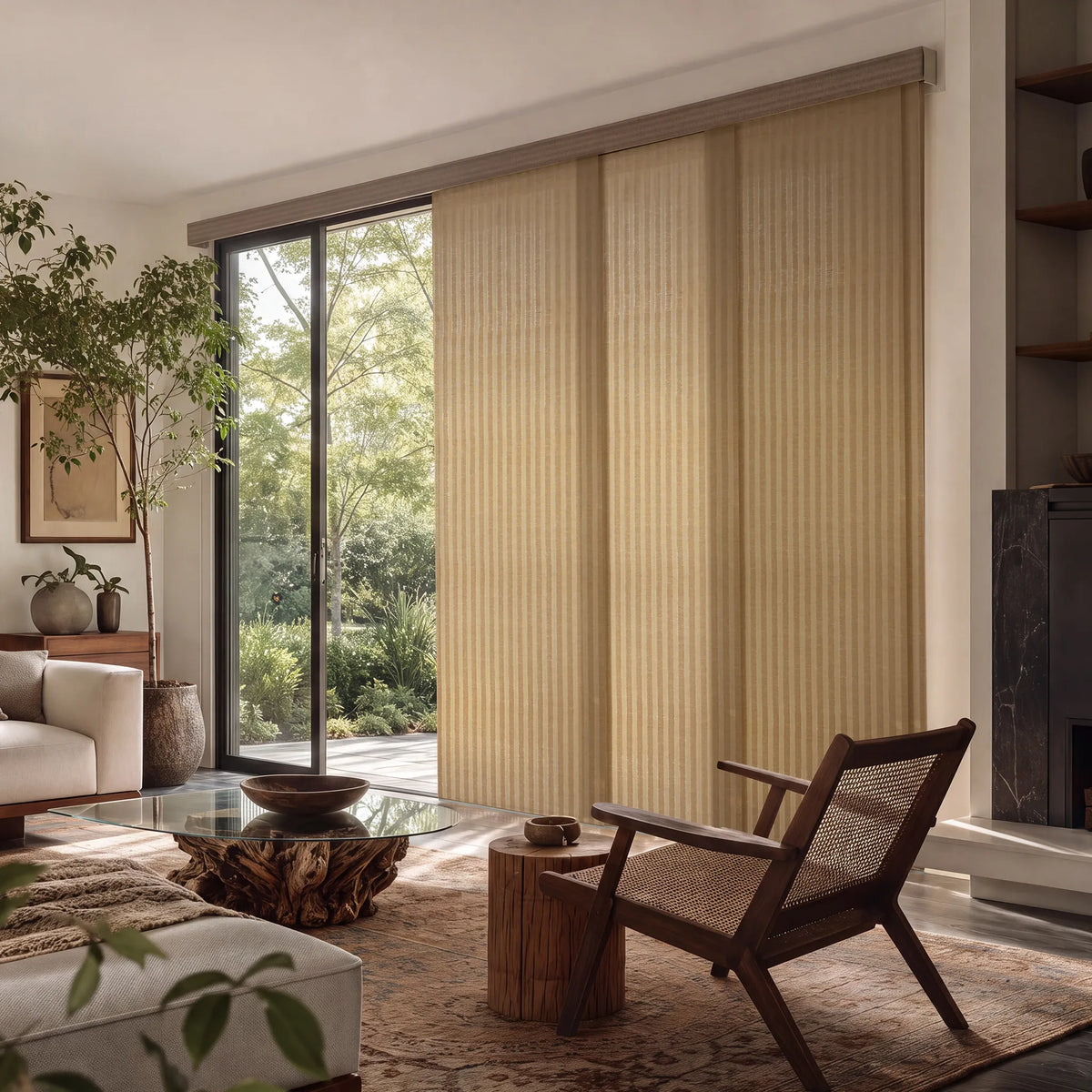 Beige Motorized Light Filtering Panel Track Blinds installed on a large glass patio door in a modern, sunlit living room with a wooden armchair, glass coffee table, and plants.