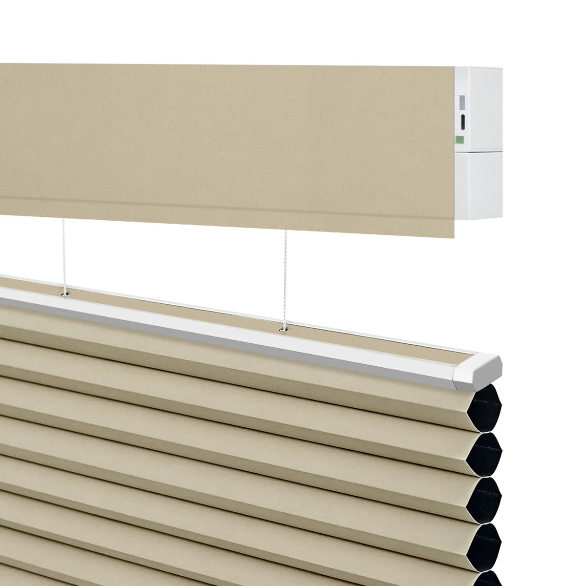 Beige Motorized Top Down Bottom Up Blackout Cellular Shades  with pleated horizontal slats, shown partially raised with a white motorized control box visible at the top right, on a clean white background.