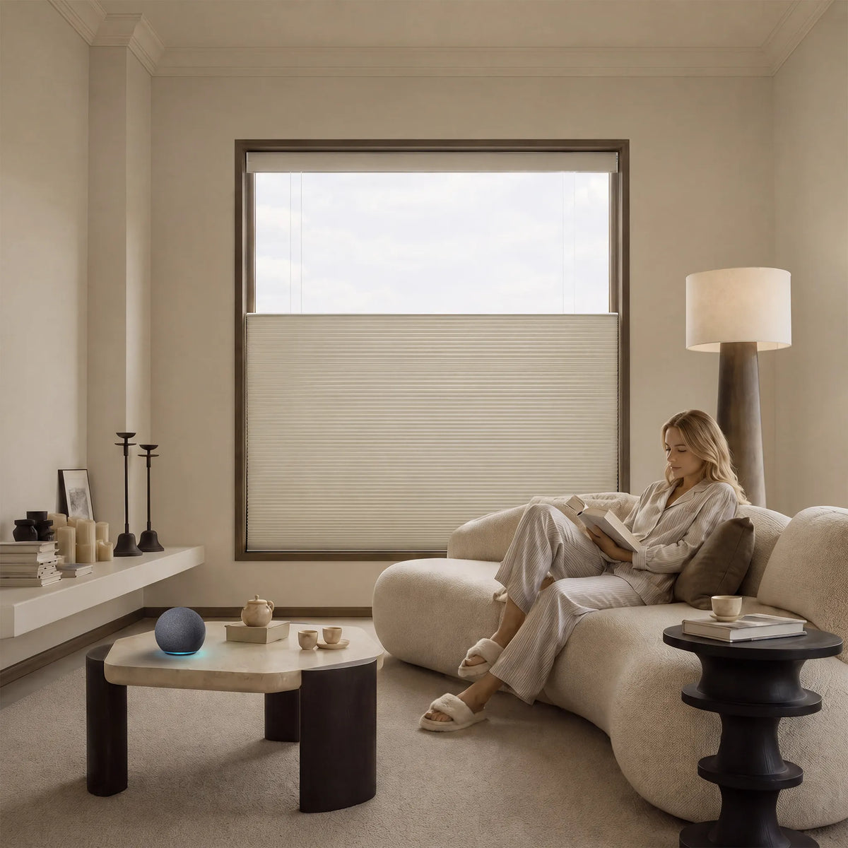 A woman relaxes on a curved cream sofa in a modern living room, reading a book. The room features a large window with beige Motorized Top Down Bottom Up Blackout Cellular Shades , a low stone coffee table, and warm neutral decor.