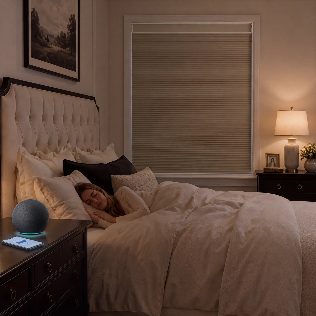 A person sleeping in a bed with beige bedding in a warmly lit bedroom, with a smart speaker on the nightstand in the foreground and a window with closed Motorized Top Down Bottom Up Blackout Cellular Shades  behind.