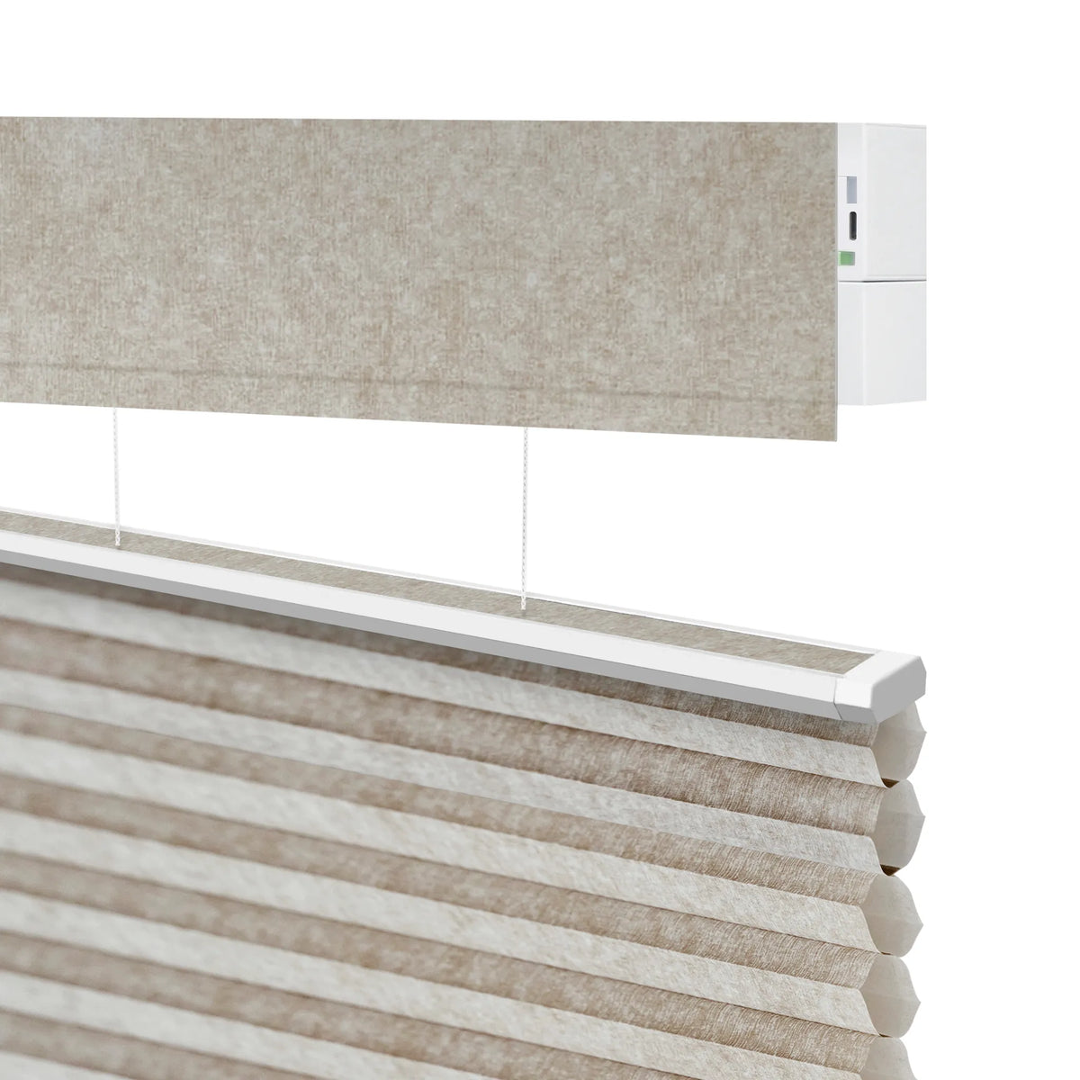 A close-up of a beige Motorized Top Down Bottom Up Cellular Shades  with textured horizontal pleats, partially raised to show the white header rail and a white motorized control box.