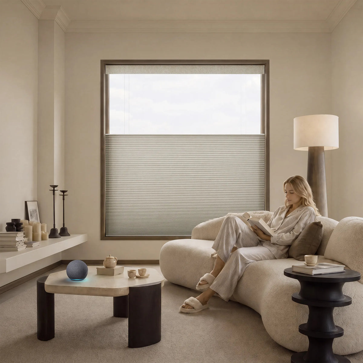 A woman sits on a curved beige sofa in a softly lit living room, reading a book. The room features a large window with beige Motorized Top Down Bottom Up Cellular Shades , a low wooden coffee table, a black side table, and a floor lamp.