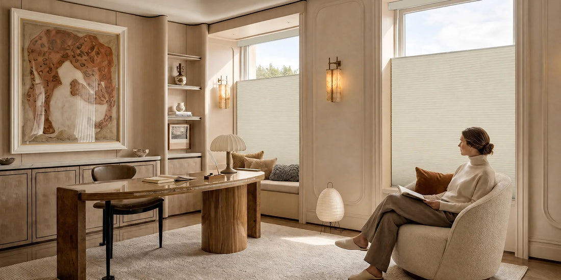 A woman sits in a plush armchair in a beautifully styled home office, reading a book. The room features elegant beige walls, a wooden desk, built-in shelving, and large windows with beige Motorized Top Down Bottom Up Cellular Shades 