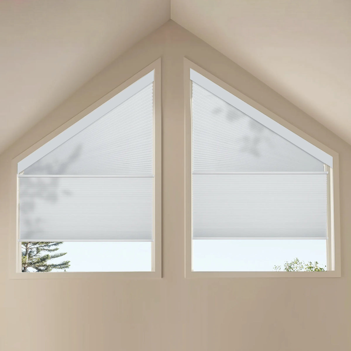 Motorized Trapezoid Cellular Shades with Dimout-White fabric