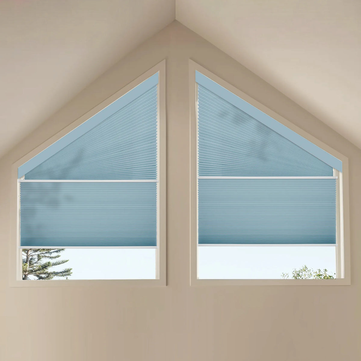Motorized Trapezoid Cellular Shades with Dimout-Blue fabric