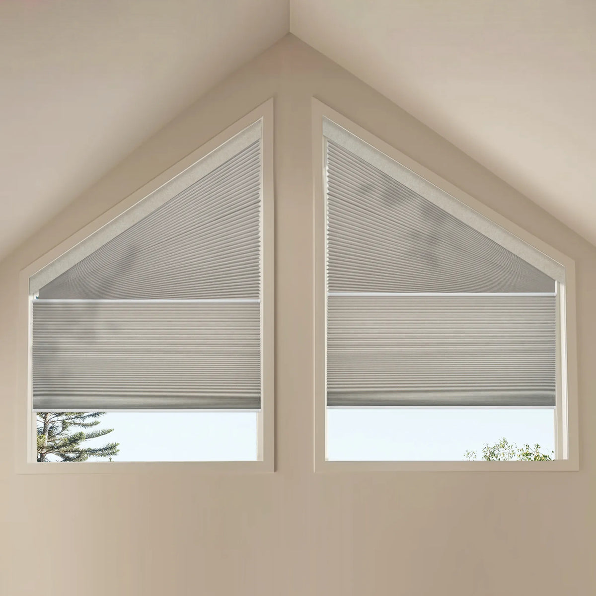 Motorized Trapezoid Cellular Shades with Dimout-Melange-Coffee fabric