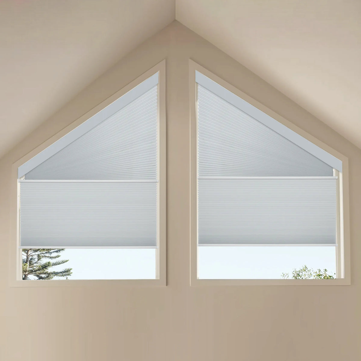 Motorized Trapezoid Cellular Shades with white fabric