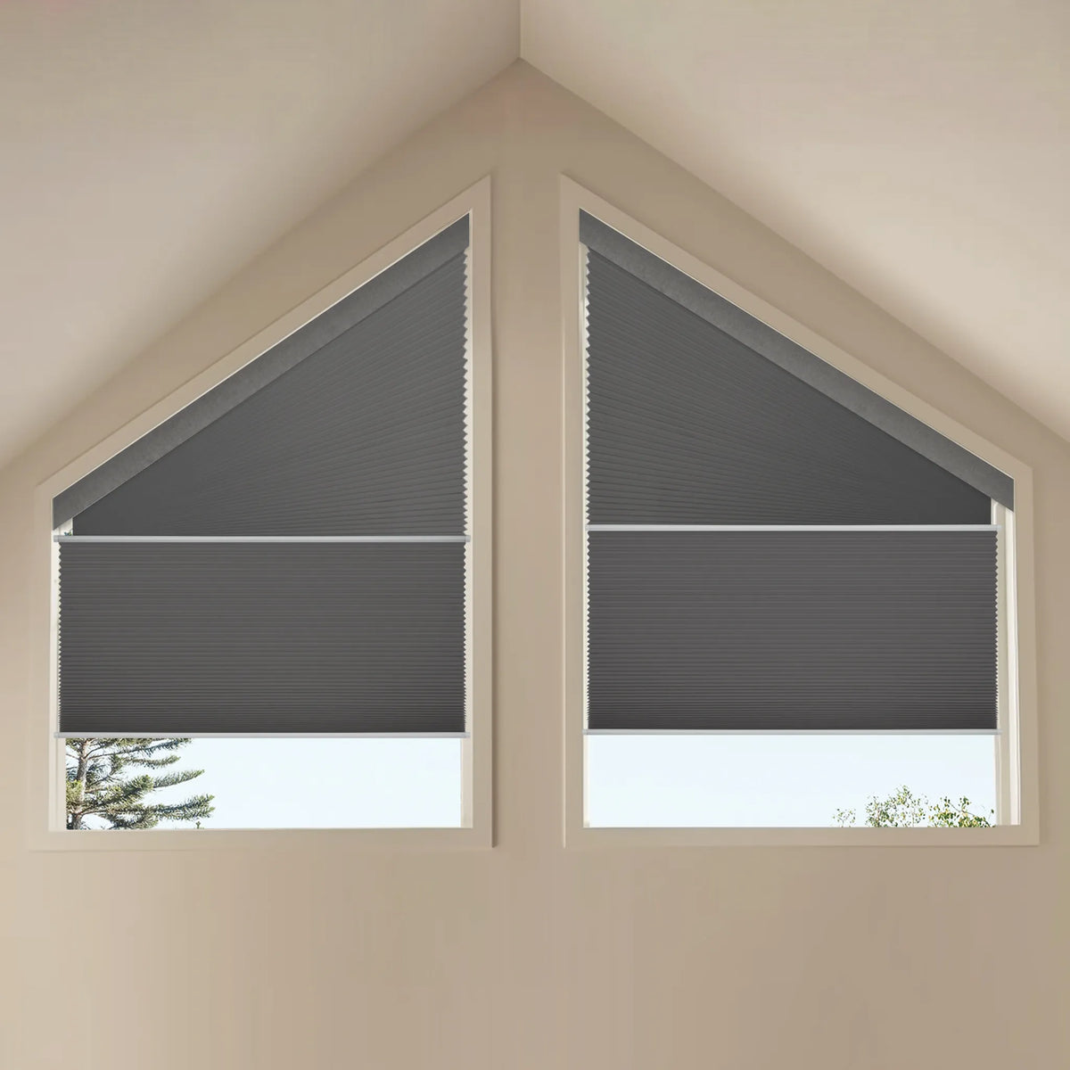 Motorized Trapezoid Cellular Shades with Blackout Dark Grey fabric