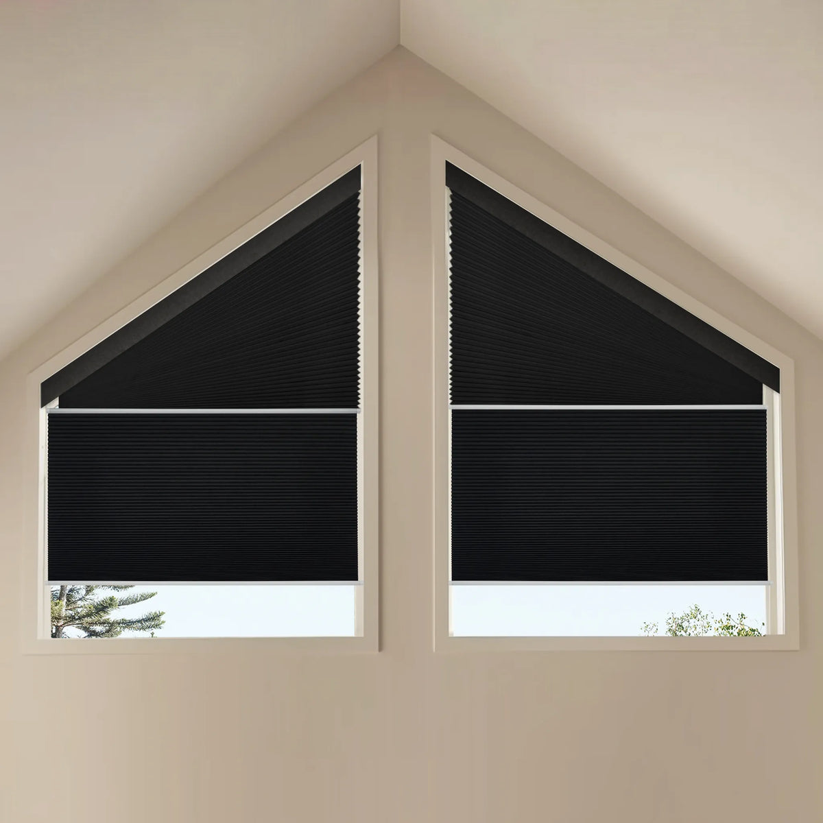 Motorized Trapezoid Cellular Shades with Blackout Black fabric