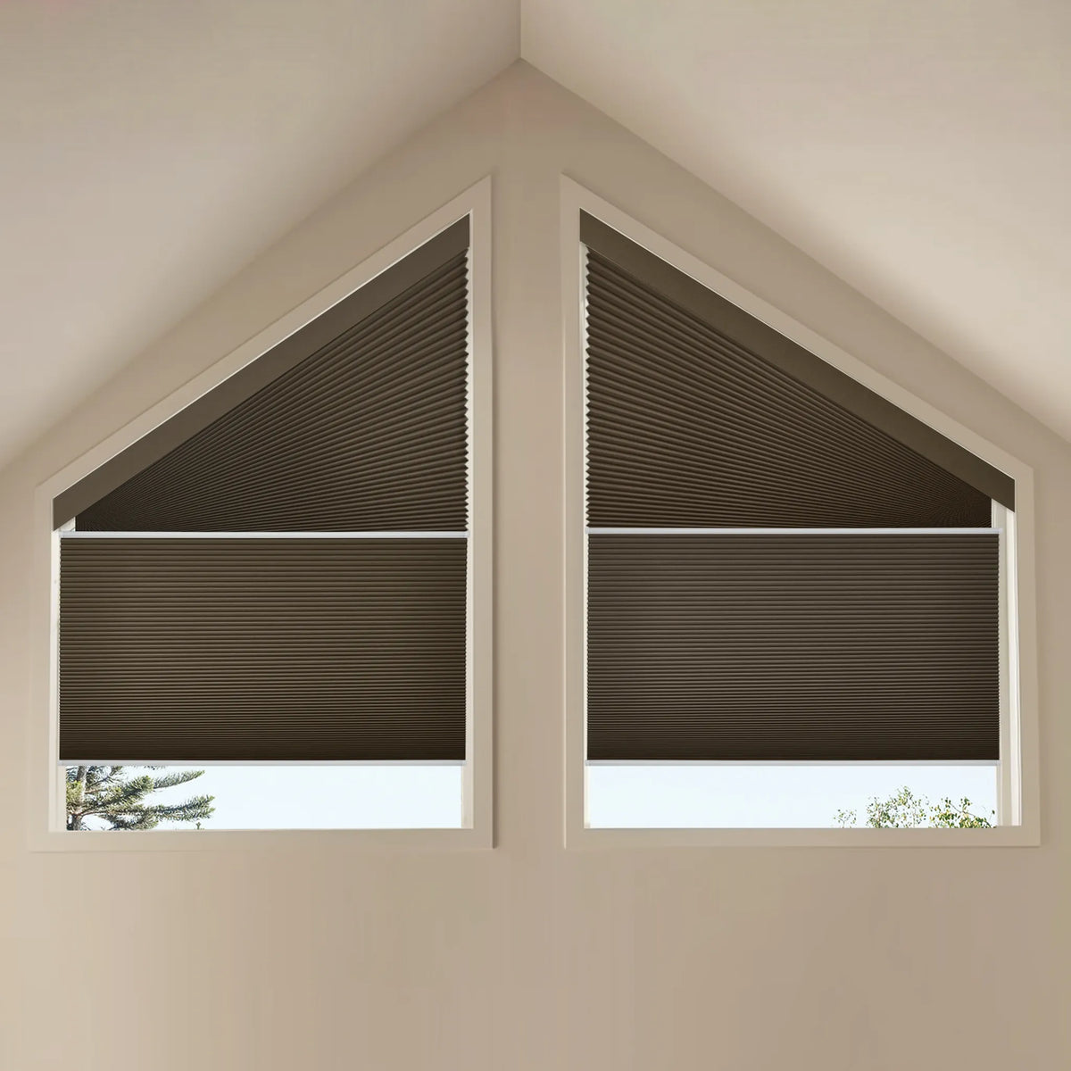 Motorized Trapezoid Cellular Shades with Blackout Brown fabric
