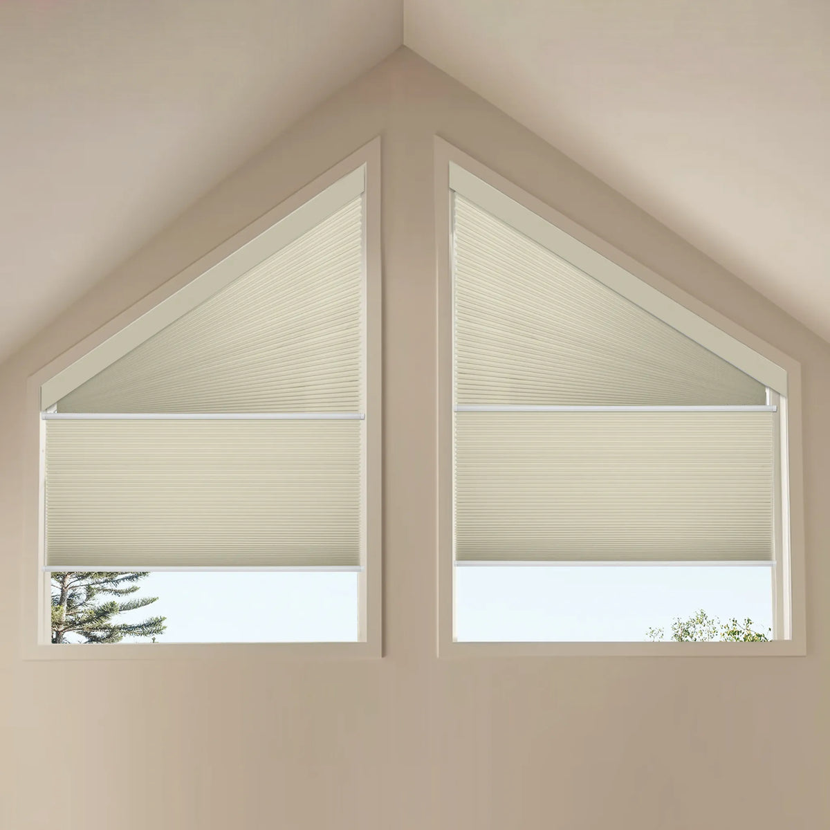 Motorized Trapezoid Cellular Shades with blackout beige fabric