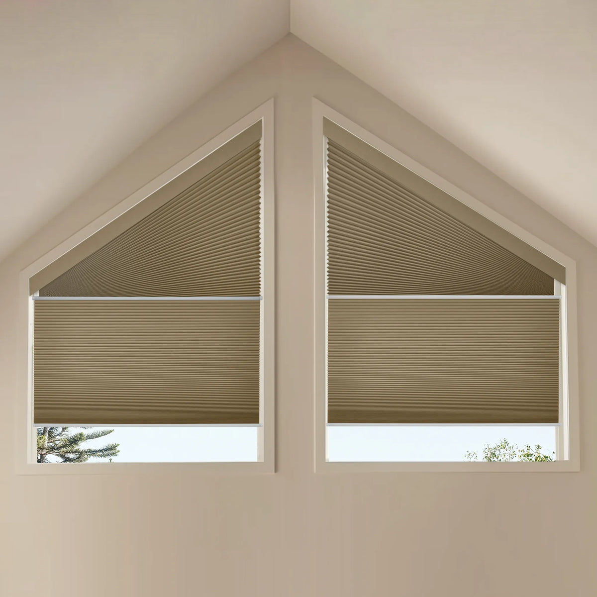Motorized Trapezoid Cellular Shades with Blackout Burlywood  fabric