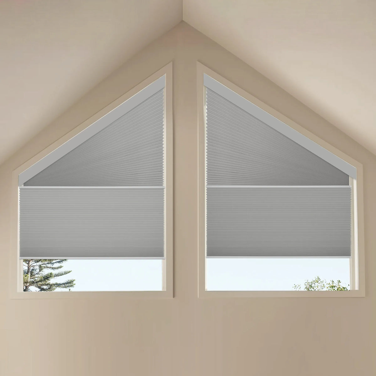 Motorized Trapezoid Cellular Shades with Blackout Light Grey fabric