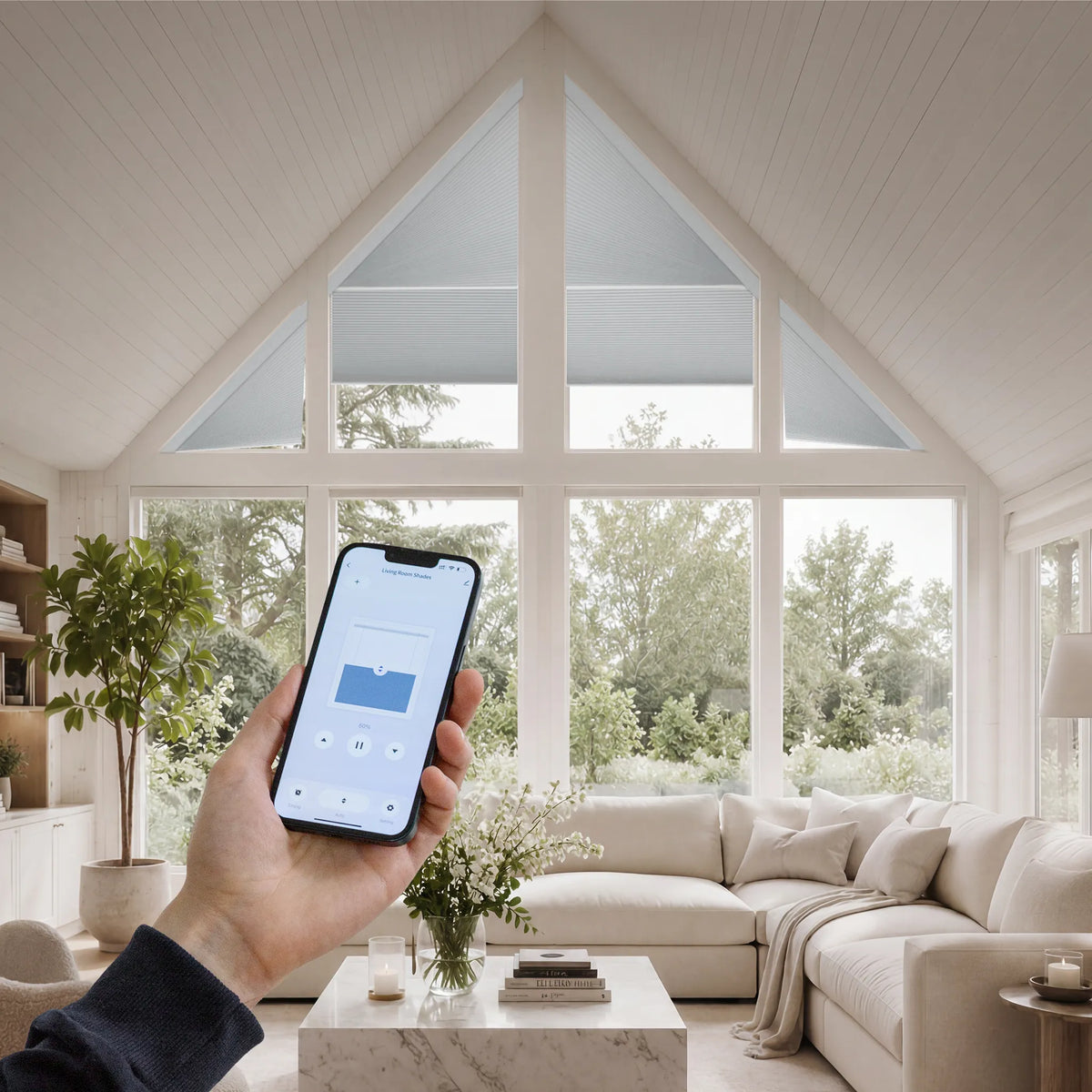 Control Motorized Trapezoid Cellular Shades via App.Motorized control makes elevated, angled, or difficult-access windows easier to operate,.