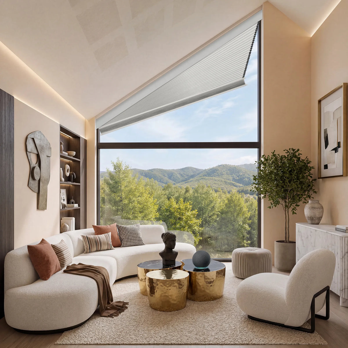 Motorized Trapezoid Cellular Shades Craft to the submitted parallel-edge, angled-side, and height measurements.