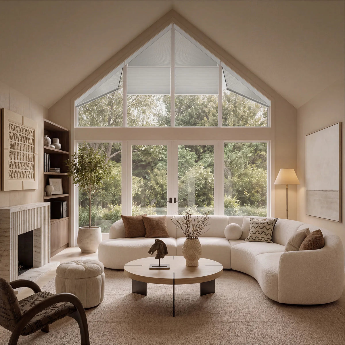 Motorized Trapezoid Cellular Shades in a moder living room with a large opening.