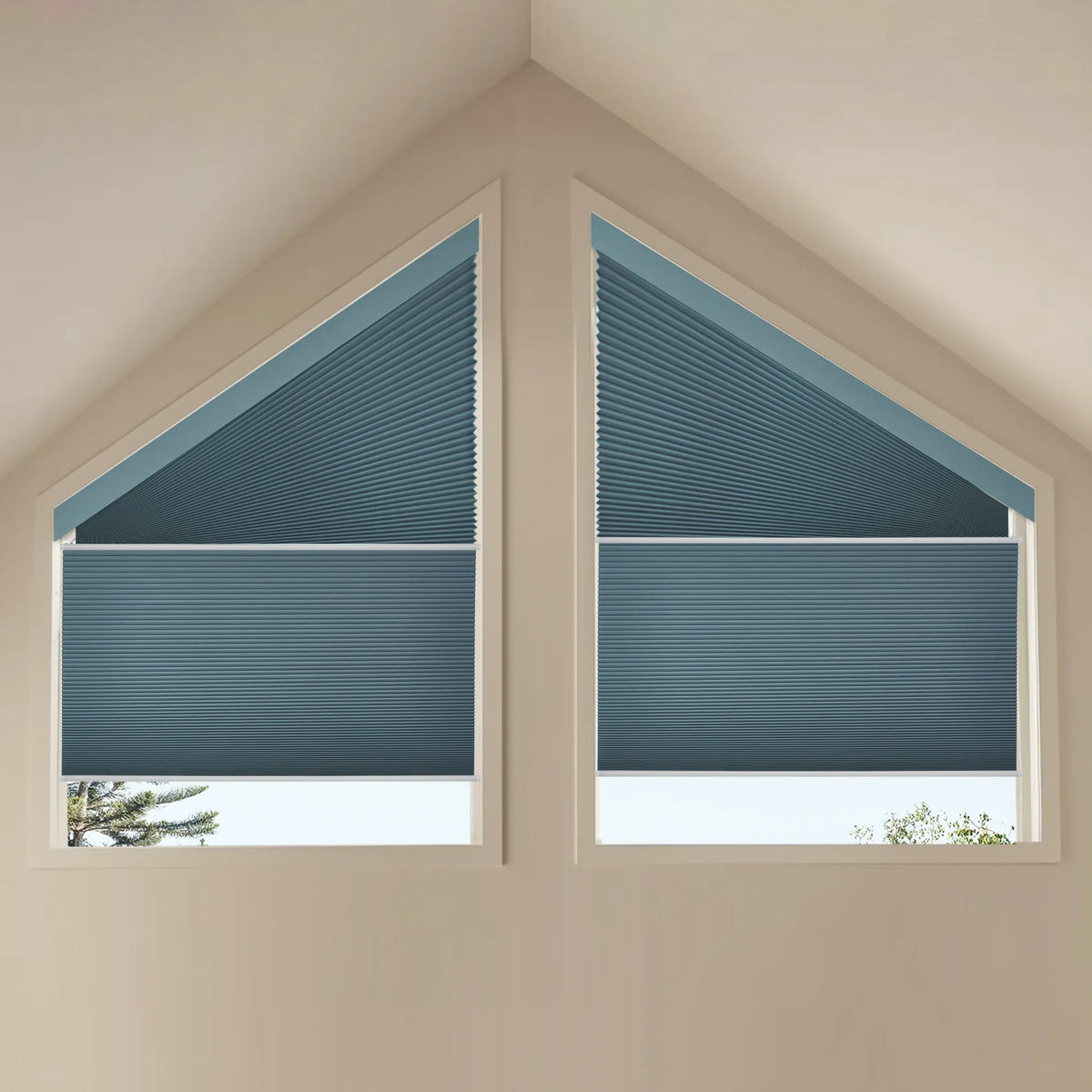 Motorized Trapezoid Cellular Shades with Blackout blue fabric