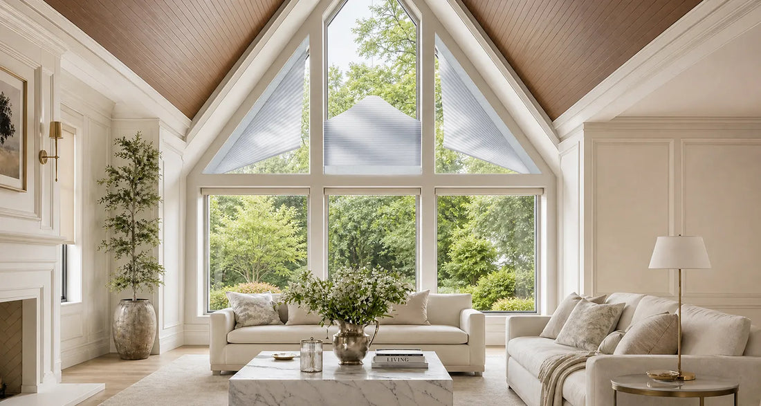 A bright, modern living room with a large A-frame window looking out onto green trees. The room features a light wood ceiling, cream walls with white trim, a white sofa, a marble coffee table, and a floor lamp.
