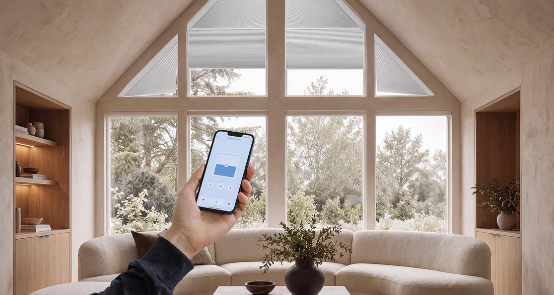 A person holds a smartphone in a modern living room with large windows, showing a smart home app interface. The room features light wood walls, built-in shelves, a beige sofa, and a small table with a vase of plants.