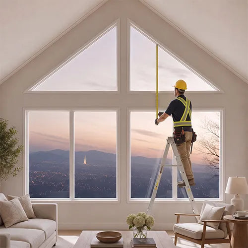 A lifestyle scene showing a construction worker in a yellow hard hat and safety vest measuring a large, modern triangular skylight window in a bright attic room with a view of a city and mountain range at sunset.