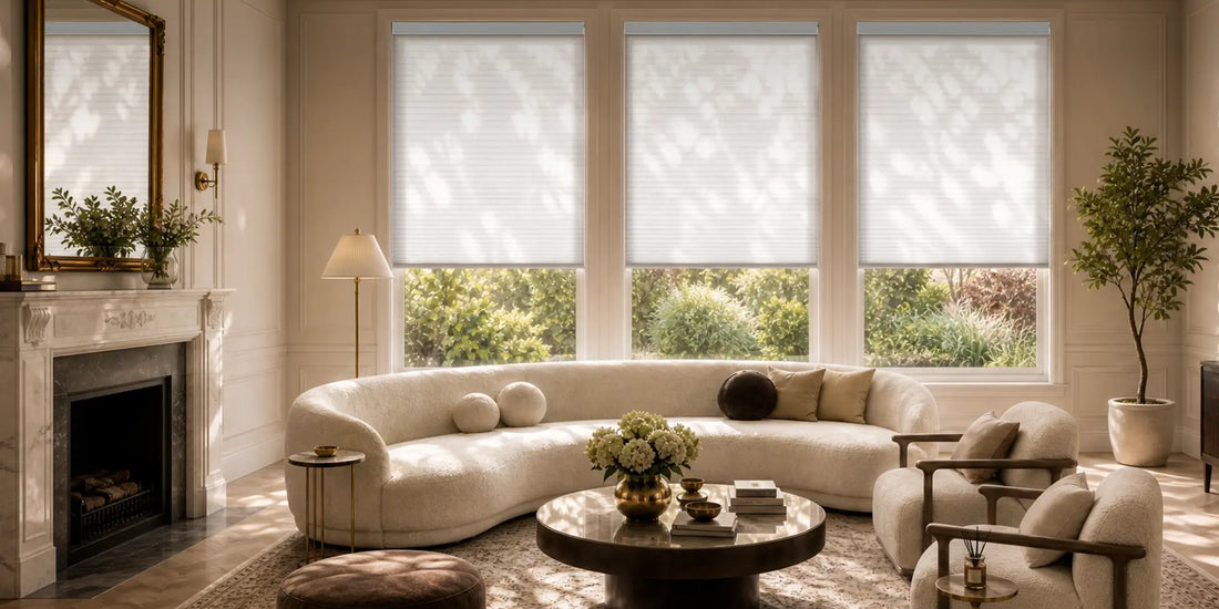 A styled living room with a curved cream sectional sofa, matching armchair, round coffee table, fireplace, and three large windows with white cellular shades casting soft outdoor shadows.