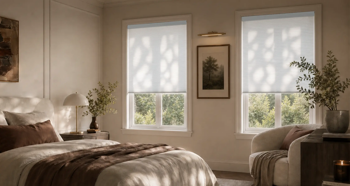 A styled bedroom interior with two tall windows featuring white cellular shades and light-colored paneling. Sunlight filters through the blinds, casting leaf-like shadows on the walls and bedding.