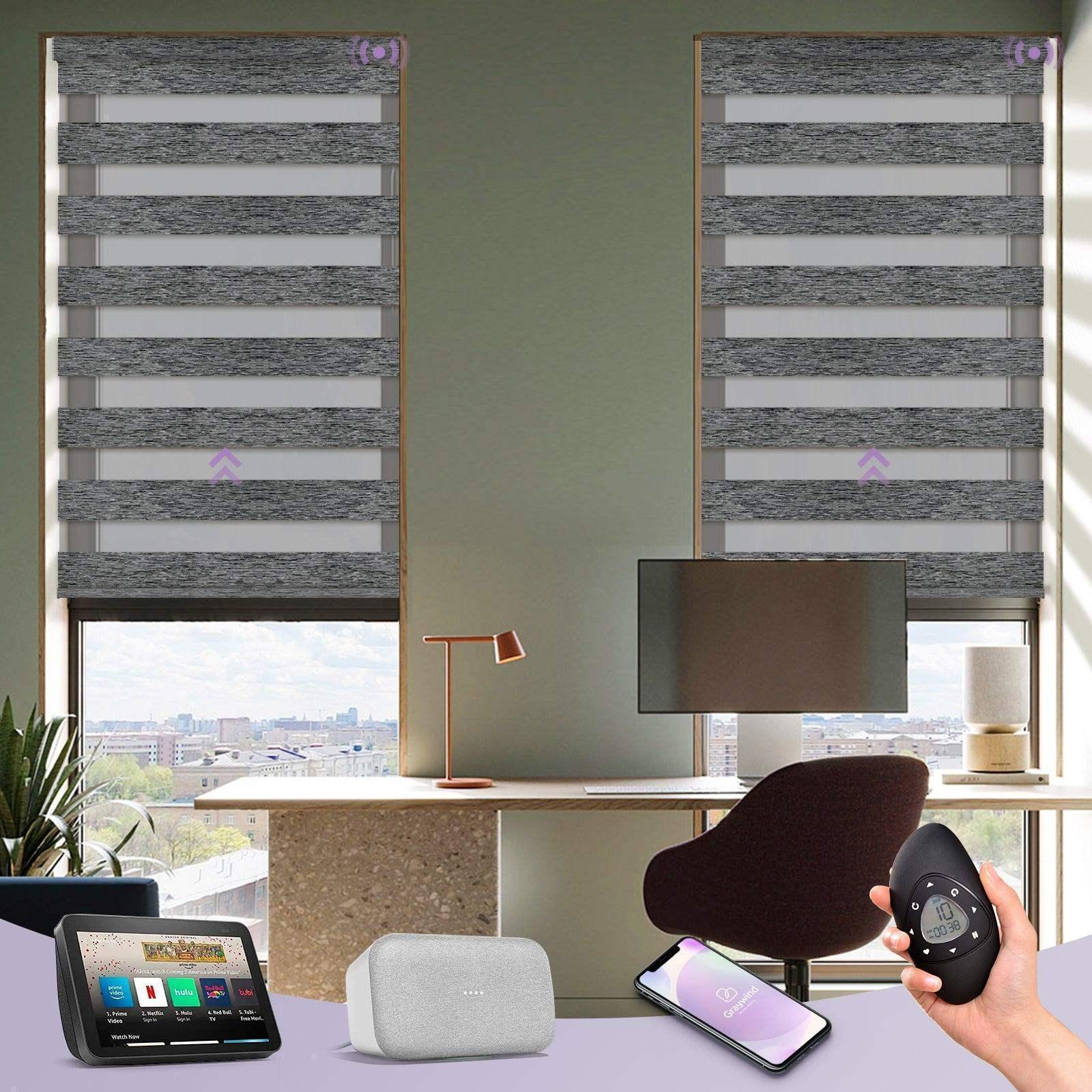 Modern office with gray motorized zebra blinds, smart home devices, and remote control