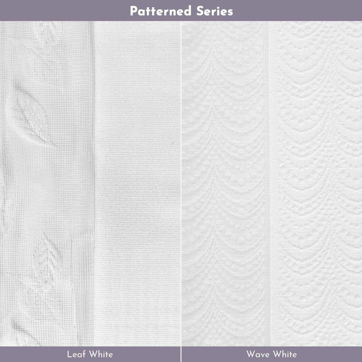 Close-up of white patterned window treatment fabrics, leaf and wave designs side by side.