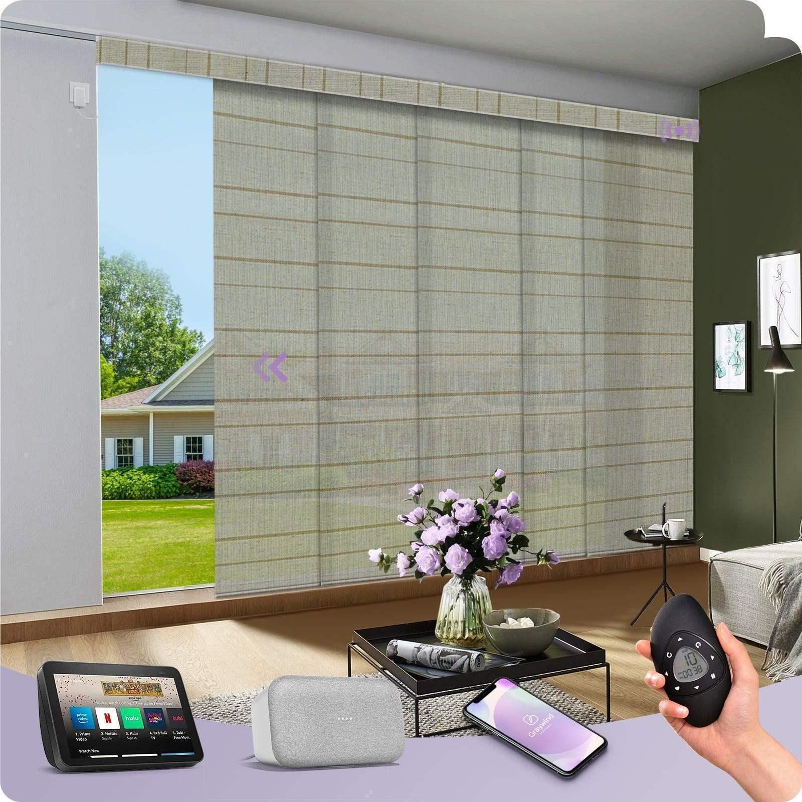 Smart remote control panel track blinds in living room, compatible with Alexa and Google Home