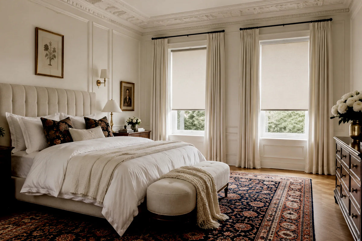 Choose this combination if you want a room to feel clean, modern, and easy to live with. Roller shades offer straightforward light control with a minimal look, while curtains add softness, texture, and a more finished appearance. It works especially well for interiors that favor simplicity but still want warmth.