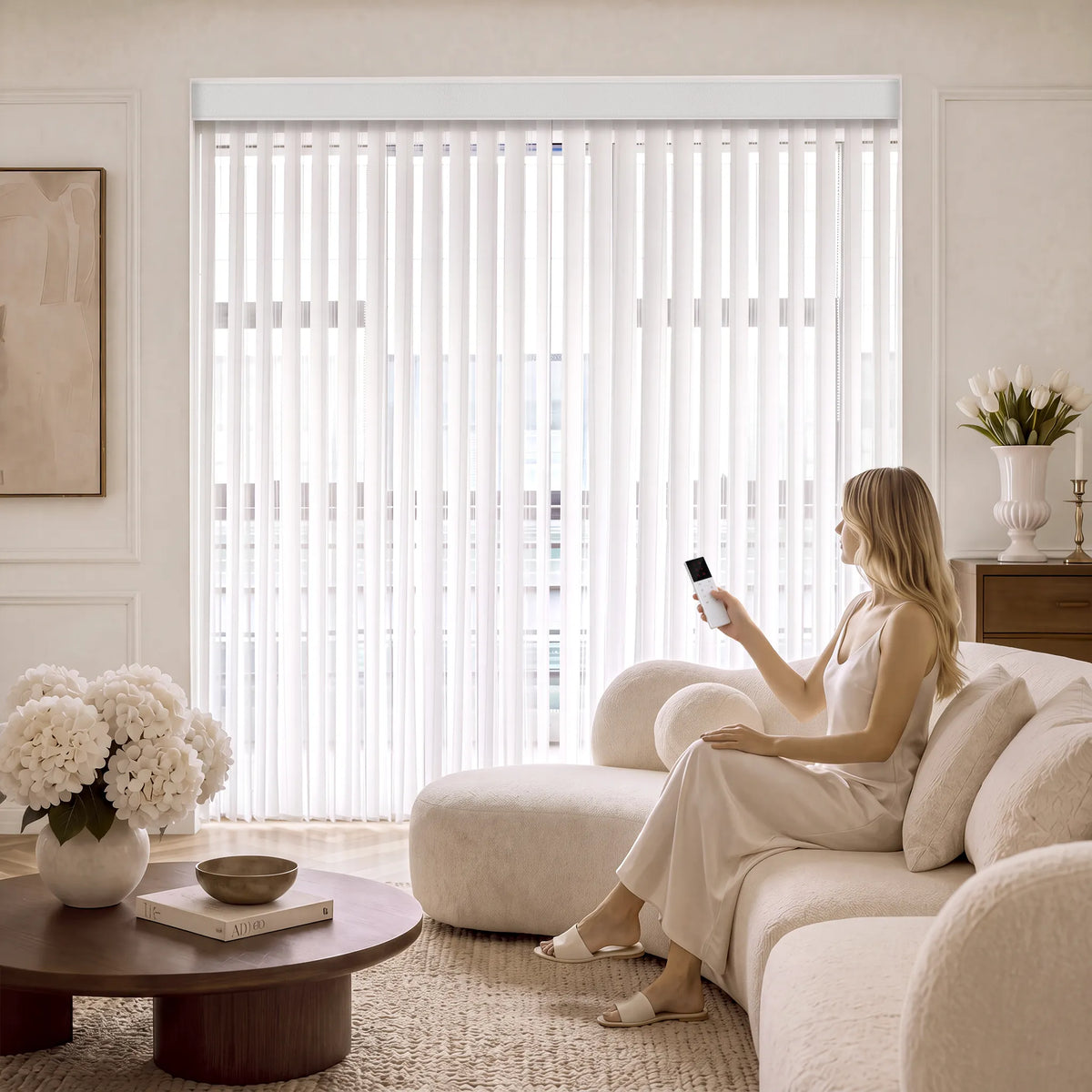 A woman in a white dress sits on a cream-colored sectional sofa in a bright, modern living room, holding a smartphone. In front of her is a large window covered with white Smart Sheer Vertical Blinds