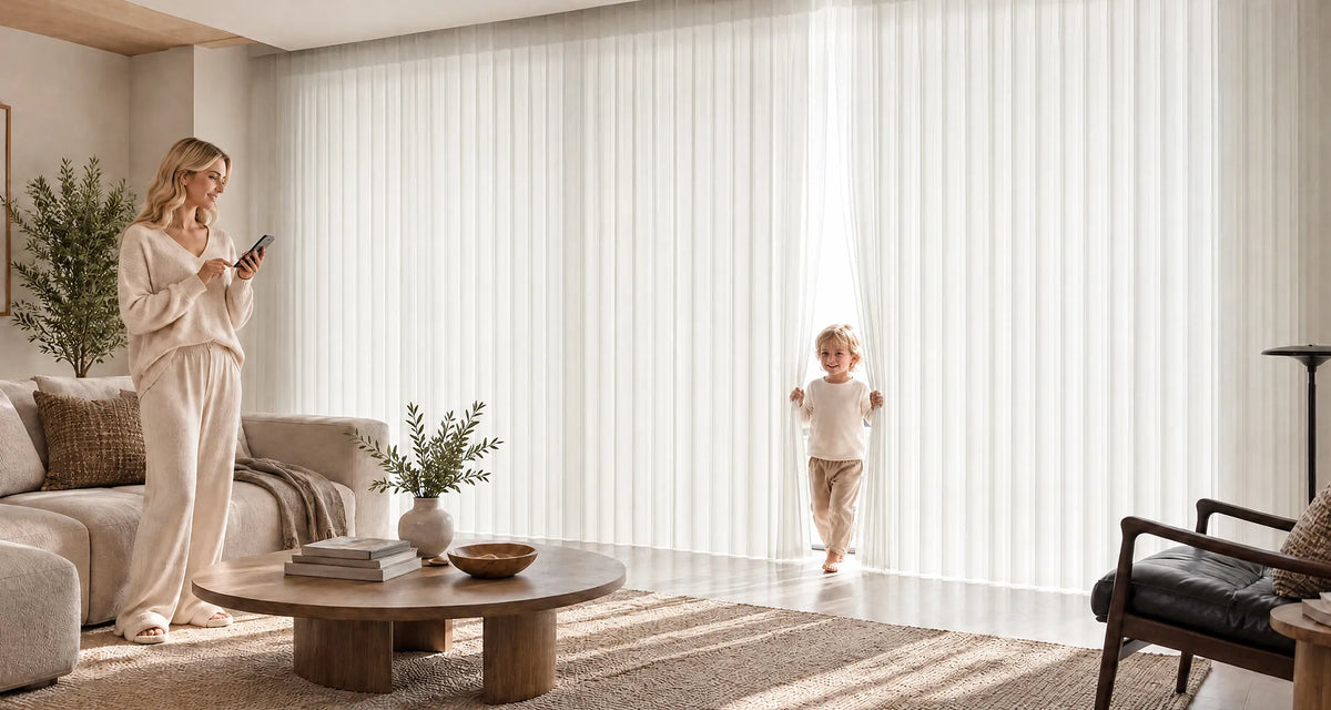 A woman in a cream lounge set stands by a sofa in a bright living room, while a young child walks through a tall white Smart Sheer Vertical Blinds. The room features a round wooden coffee table, a beige rug, and a black leather accent chair.
