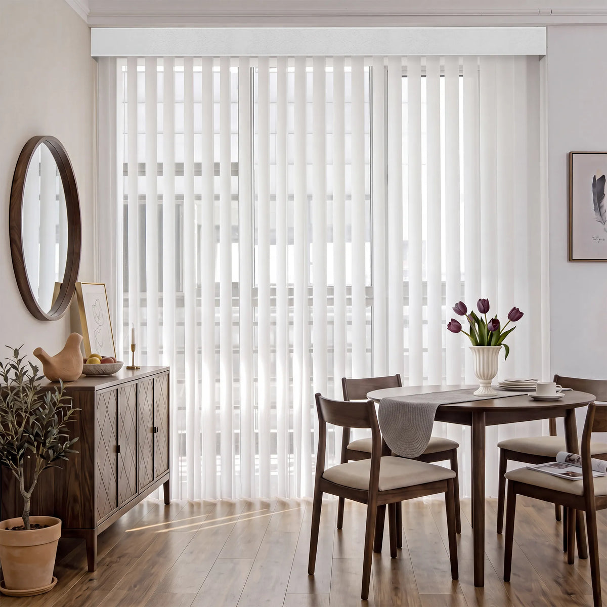 White Smart Sheer Vertical Blinds installed on a large window in a modern dining room setting with a wooden sideboard, dining table, and chairs.