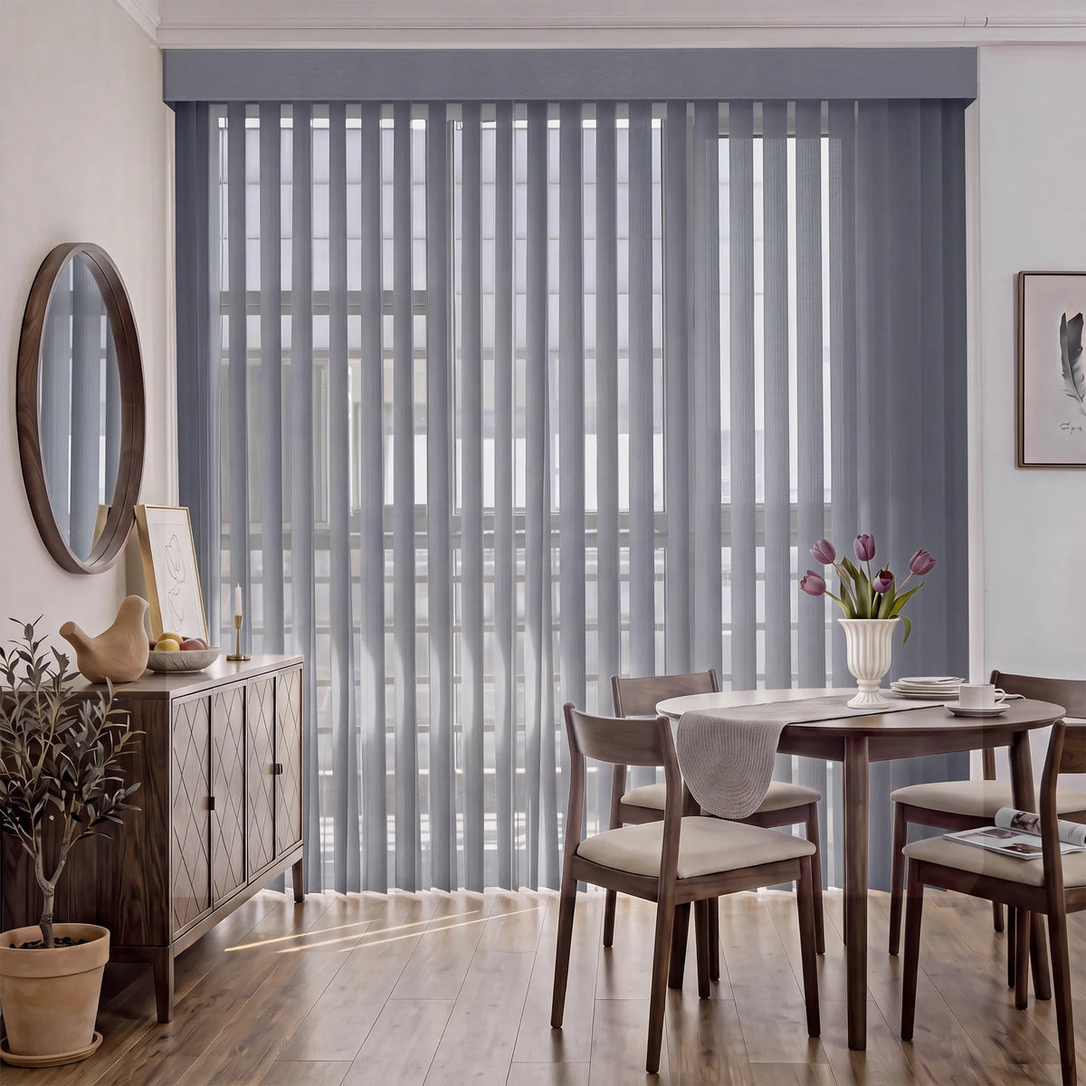 Gray smart Sheer Vertical Blindshanging over a large window in a modern dining room with a wooden table, chairs, and a sideboard.