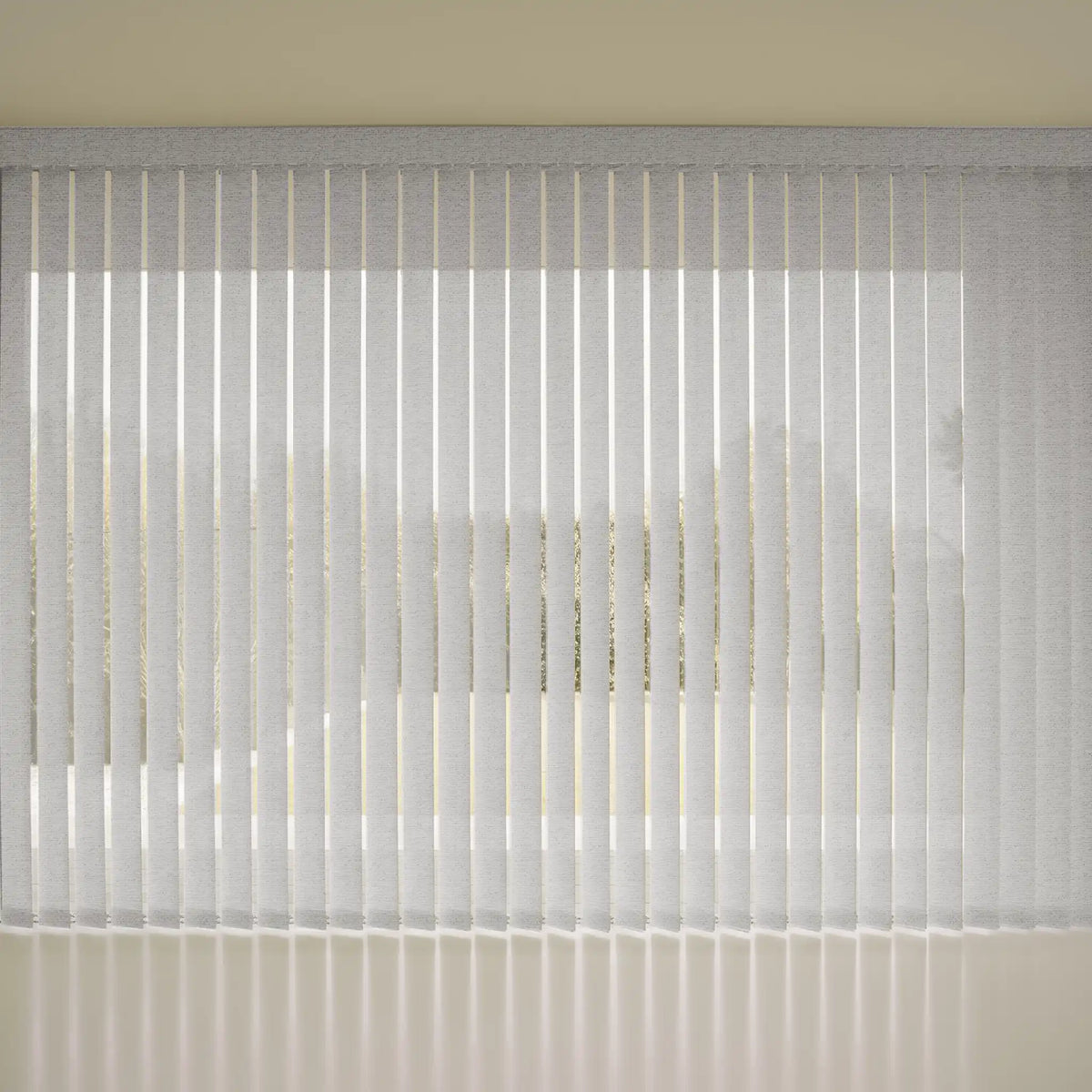 White Smart Vertical Blinds  hanging in front of a window, casting soft vertical shadows on a light-colored interior wall.