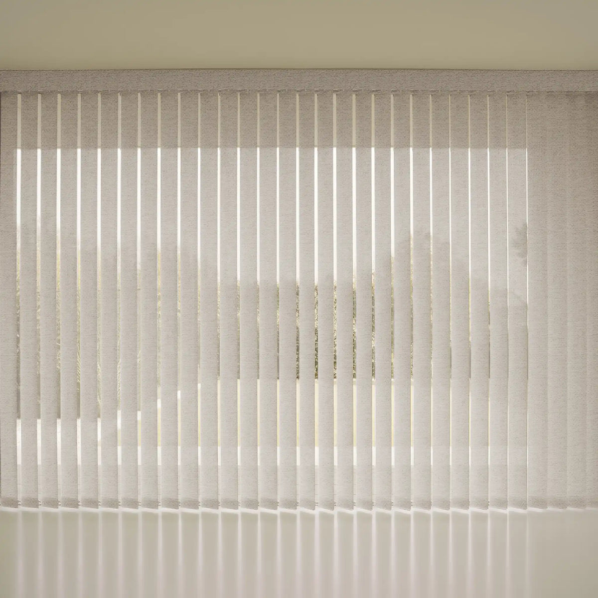 White Smart Vertical Blinds partially drawn over a window, with soft light filtering through the slats.