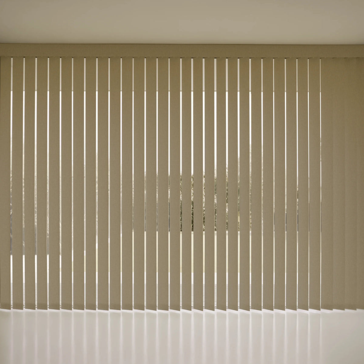 Beige Smart Vertical Blinds overing a window, casting soft vertical shadows on a white floor.