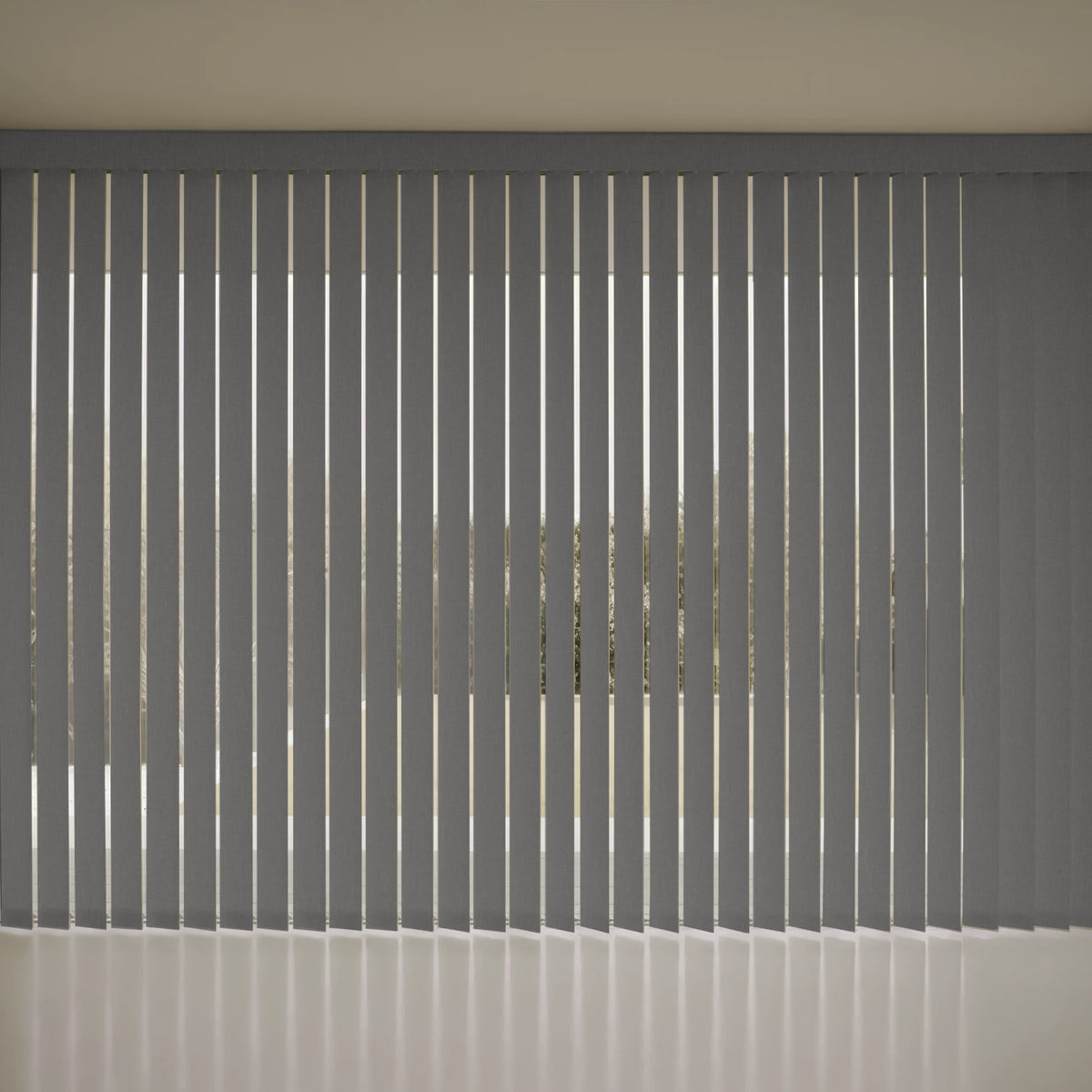 Gray Smart Vertical Blinds covering a window, with a clean white floor and beige wall visible in the background.