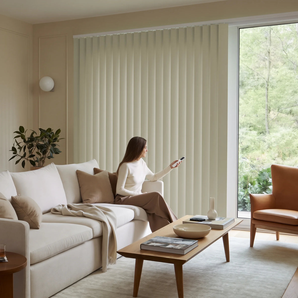 A woman sits on a cream sofa in a modern living room, holding a remote control in front of tall cream Smart Vertical Blinds  covering a large window with a view of green trees outside.
