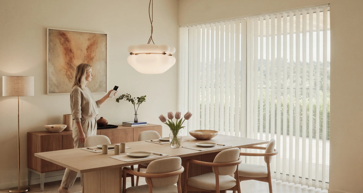 A woman stands in a modern, sunlit dining room holding a smartphone. The room features a light wood dining table, matching chairs, a white pendant light, a floor lamp, and large vertical blinds covering the windows.