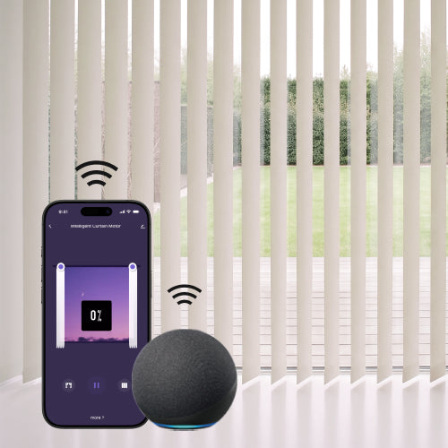 A smart home setup showing a smartphone app screen with a curtain control interface next to a dark gray fabric-covered smart speaker, with wireless signal icons indicating connectivity, set against a background of white vertical blinds and a garden view.