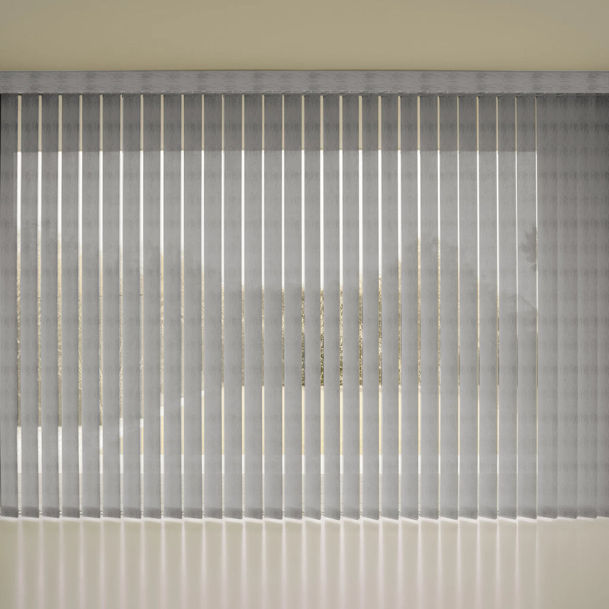 Gray Smart Vertical Blinds   installed on a window, shown from the front with light filtering through the sheer slats.